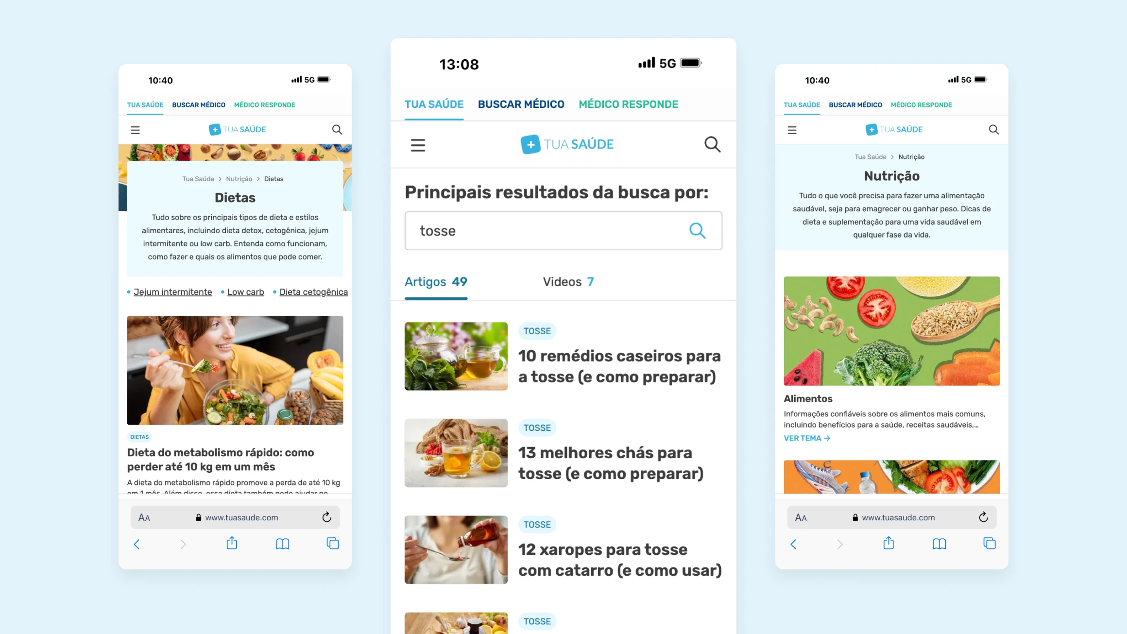 Três telas móveis do portal Tua Saúde mostrando conteúdo, busca e nutrição